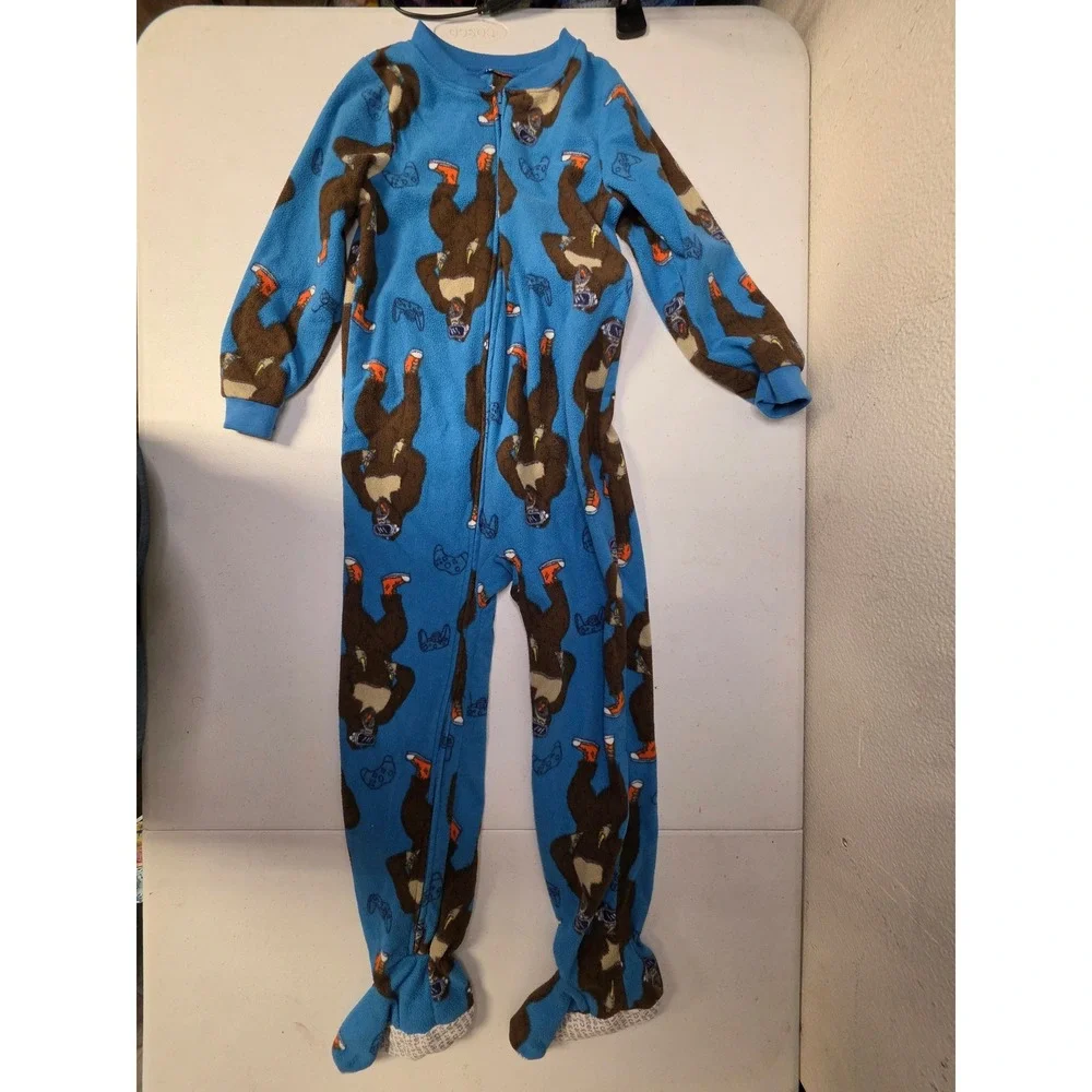 Carters Kids Blue Fleece Gorilla Gamer Footed Pajamas Size 7 One Piece Sleeper